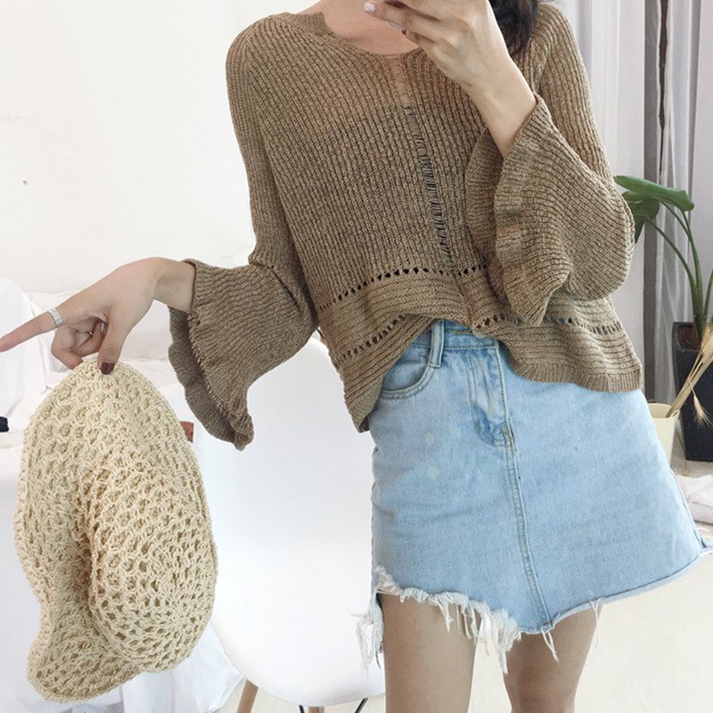秋裝新款復古風chic寬鬆百搭顯瘦喇叭袖毛衣上衣學生休閑針織衫女