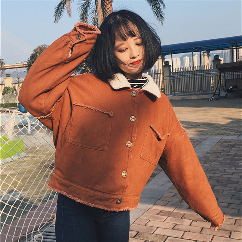 棉服韓國復古chic中長款秋冬學生bf長袖百搭羊羔毛娃娃領外套上衣